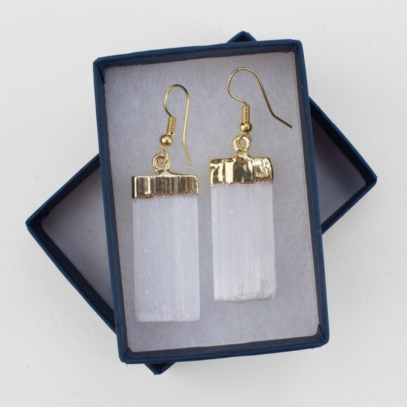 Interiors in Balance Jewelry - Selenite White Earrings Gold Tone Dipped Crystal Women Healing Gemstone Jewelry